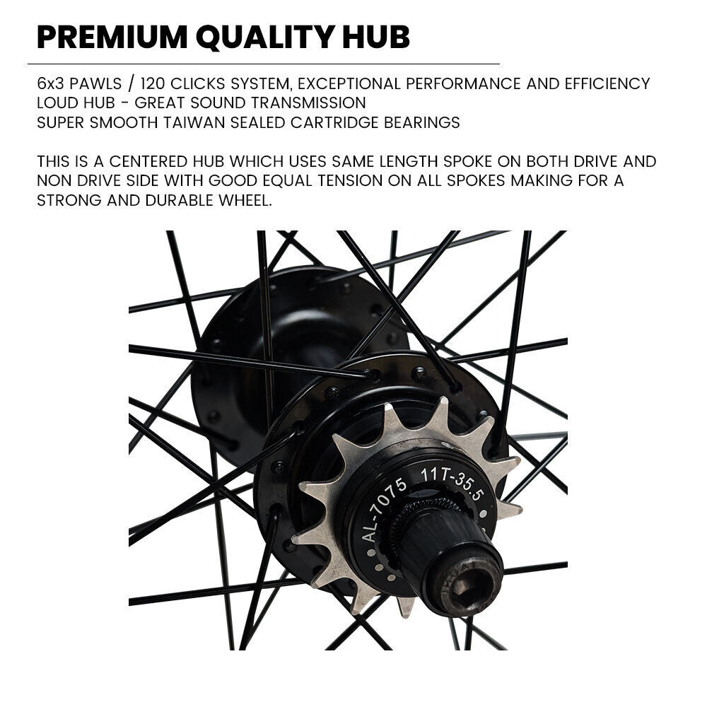 26" (ETRTO 559x25) Rear 10x135 / Front 15x100 Dirt Jump Bike MTB Disc Single Speed Wheelset - 6x3 Pawls Taiwan Sealed Bearings Hubs - DT Swiss Champion Spokes - Tubeless Compatible