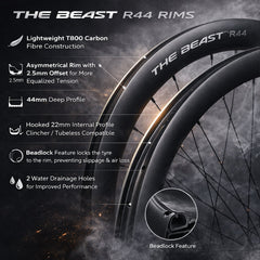 CARBON FIBRE 700c Road Rear Wheel – Center Lock Disc – QR / Thru Axle – 22mm Rim – Tubeless Compatible – Performance Hubs – HG / XDR / Microspline – 8–12 Speed - 795g