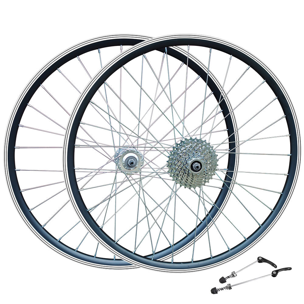 QR 26" (ETRTO 559x19) MTB Mountain Bike Wheel Set 7/8/9 Speed Freewheel - Rim & Disc Brake Compatible - Sealed Bearings Hubs - Double Wall Rims - 32x Silver Spokes