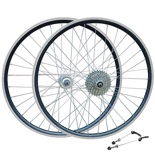 QR 26" (ETRTO 559x19) MTB Mountain Bike Wheel Set 7/8/9 Speed Freewheel - Rim & Disc Brake Compatible - Sealed Bearings Hubs - Double Wall Rims - 32x Silver Spokes