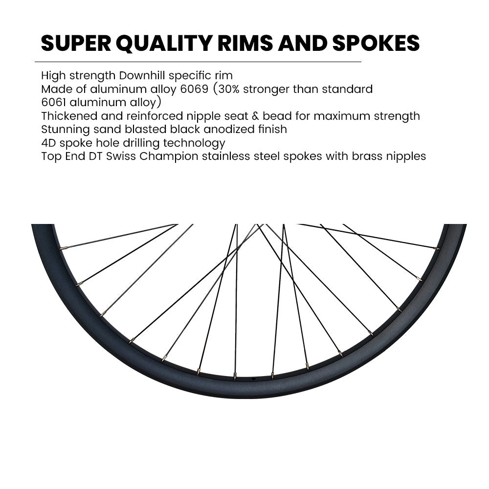27.5” 650b Downhill Wheel Set – 6-Bolt Disc – 20×110 Front / 12×150–157 Super Boost Rear – 30mm Rim – Tubeless Compatible