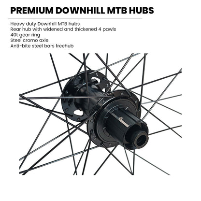 27.5” 650b Downhill Wheel Set – 6-Bolt Disc – 20×110 Front / 12×150–157 Super Boost Rear – 30mm Rim – Tubeless Compatible