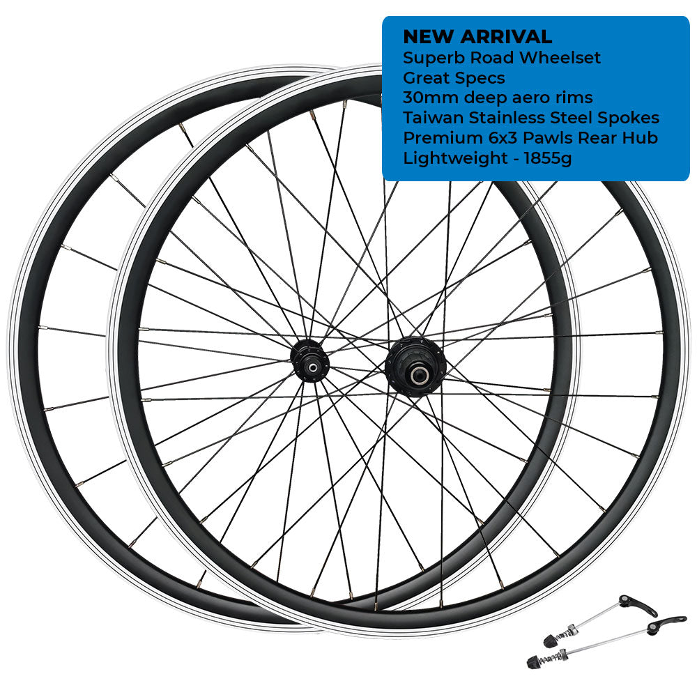 NEW ARRIVAL - QR 700c (ETRTO 622x14) Road Racing Bike 7/8/9/10/11 Speed Wheel Set - Premium 6x3 Pawls Sealed Bearings Hubs - 30mm Deep Aero Rims - Lightweight 1855g