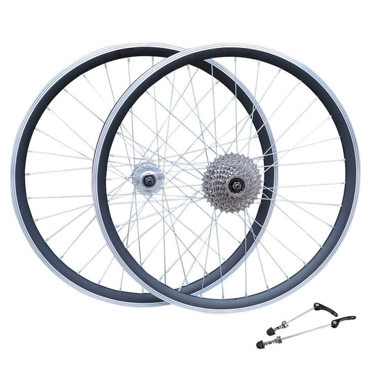 QR 700c (ETRTO 622x15) Road Racing Bike Wheel Set + 8 Speed Freewheel - Sealed Bearings Hubs - Double Wall Rims - 32x Silver Spokes