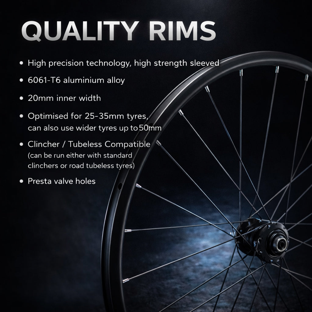 700c Road front Wheel – Center Lock Disc – QR / Thru Axle – 20mm Rim – Tubeless Compatible – Performance Hub – 795g